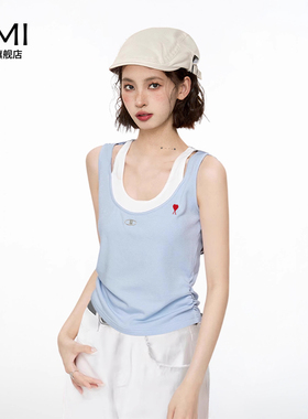 AMI 2025美式蓝色假两件无袖吊带背心女夏季外穿正品露肩上衣潮