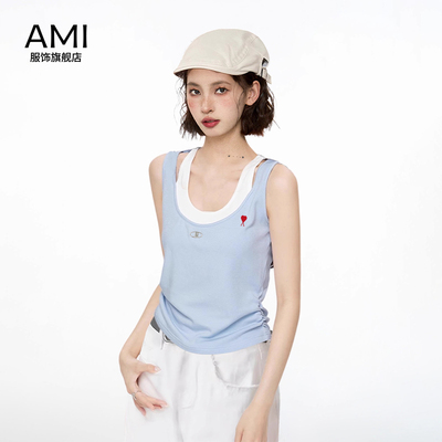 AMI官方 2026美式蓝色假两件无袖吊带背心女夏季外穿正品露肩上衣