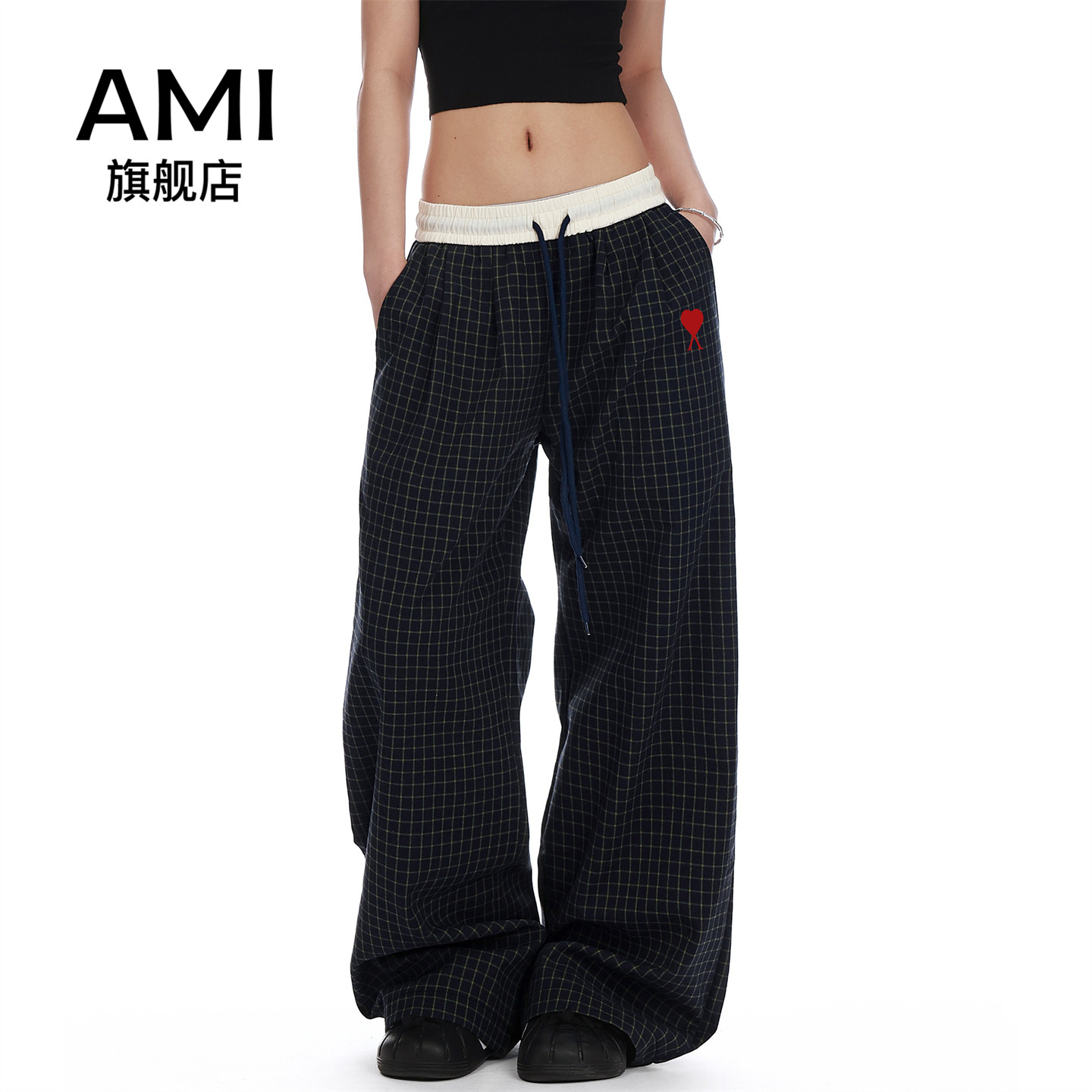 AMI官方美式格子松弛感休闲裤女夏季复古宽松直筒慵懒阔腿运动裤