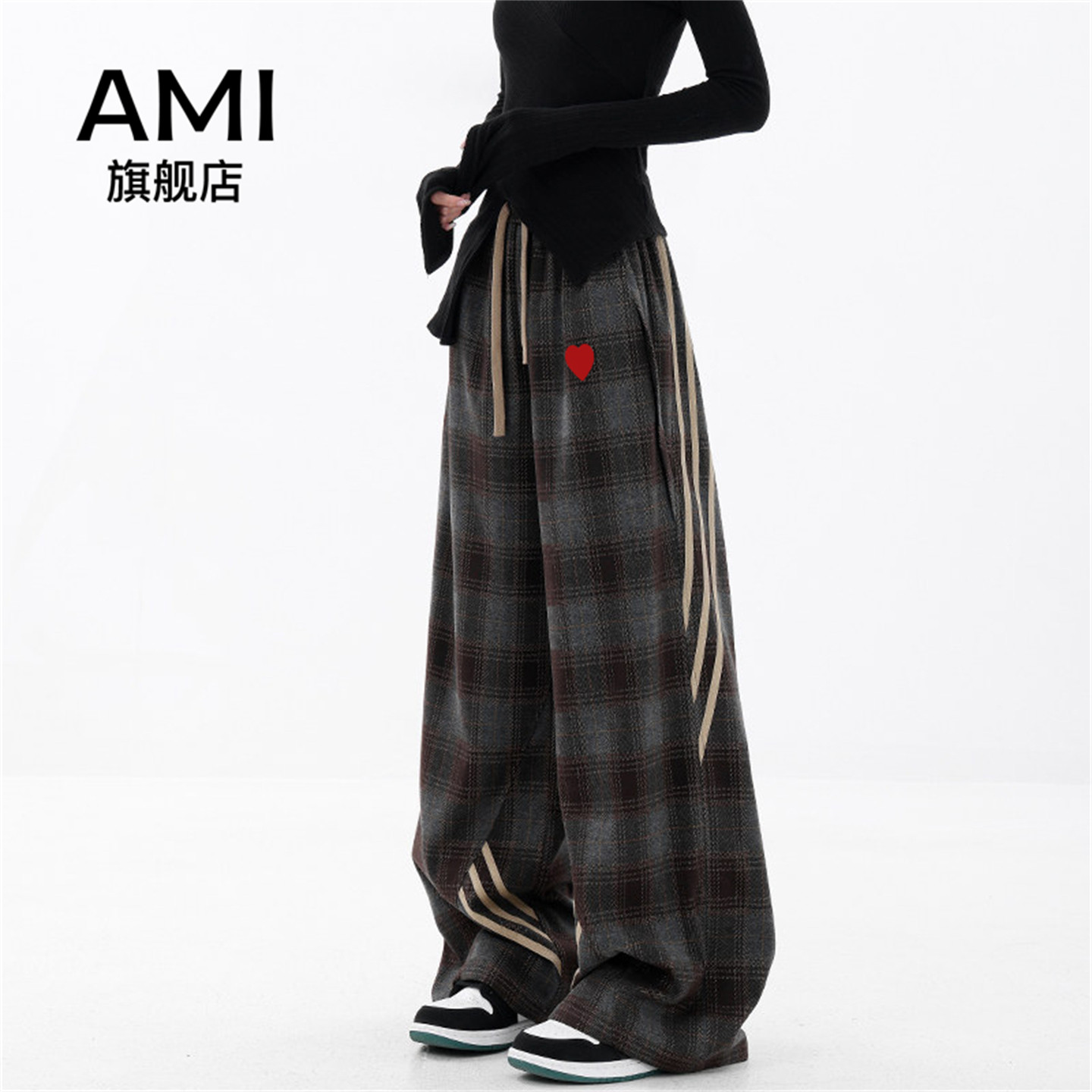 AMI官方春秋新款美式休闲运动格子裤女拼接三条杠阔腿裤拖地裤图片