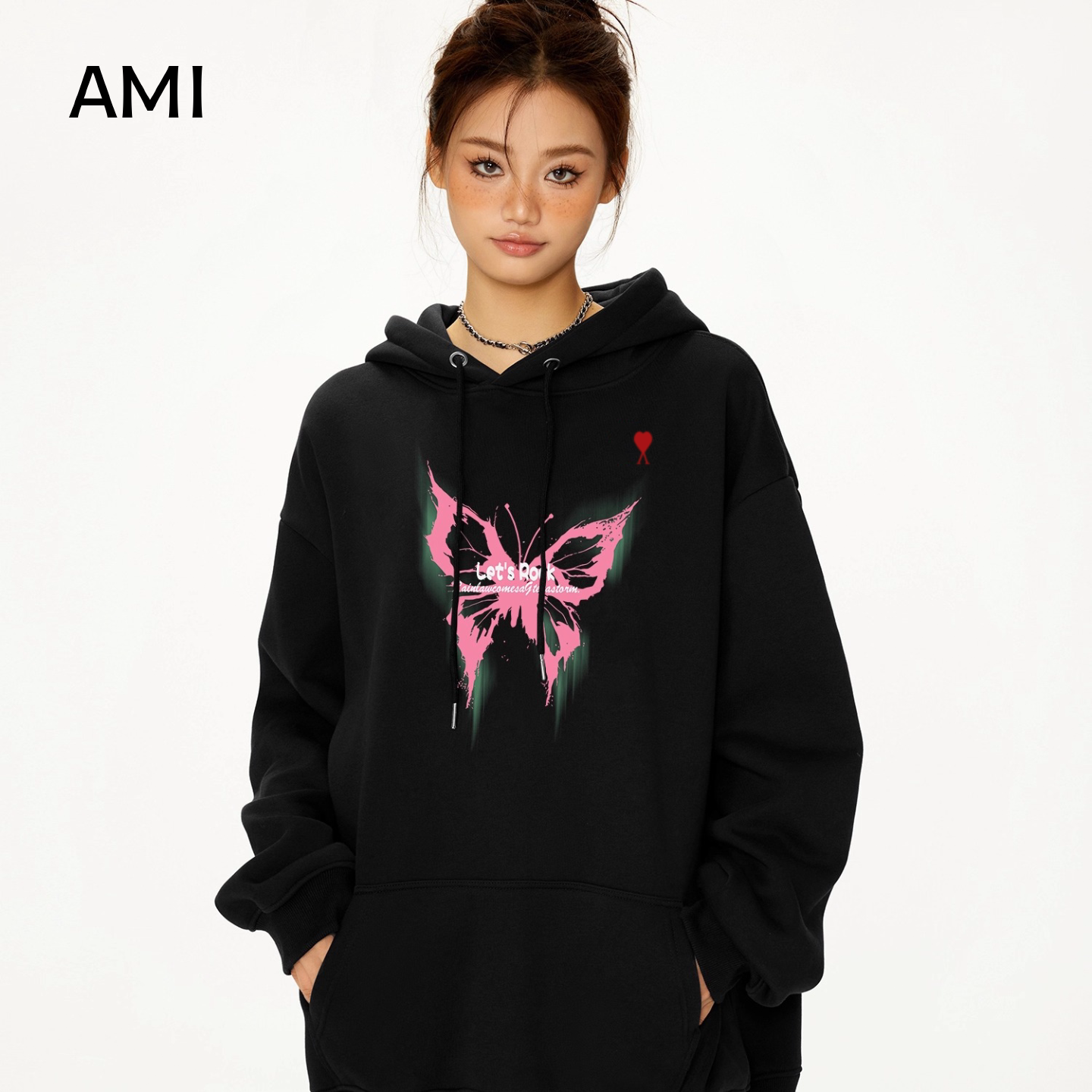 AMI官方美式黑色卫衣女连帽2026春初春新款长袖上衣套头衫宽松休