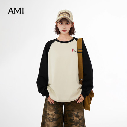 AMI旗舰店美式圆领插肩长袖卫衣女春秋新款宽松休闲无帽套头上衣