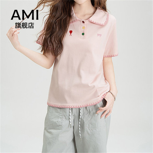 AMI官方粉色正肩polo领短袖T恤女2026夏新款宽松显瘦休闲百搭上衣