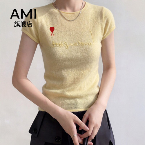 AMI官方黄色刺绣卷边短袖t恤女夏季独特漂亮设计感针织冰丝上衣
