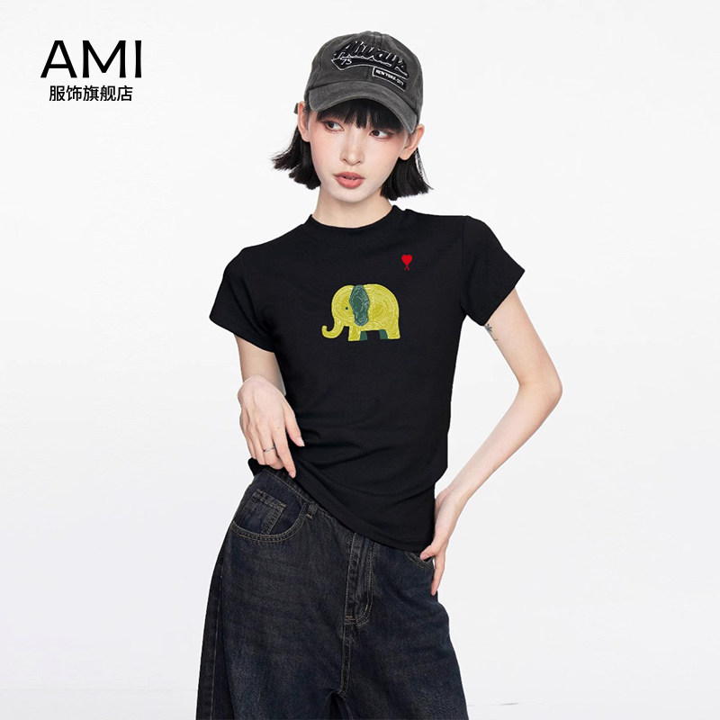 AMI官方美式印花打底衫短袖t恤女款春季2026新款修身紧身短款上衣