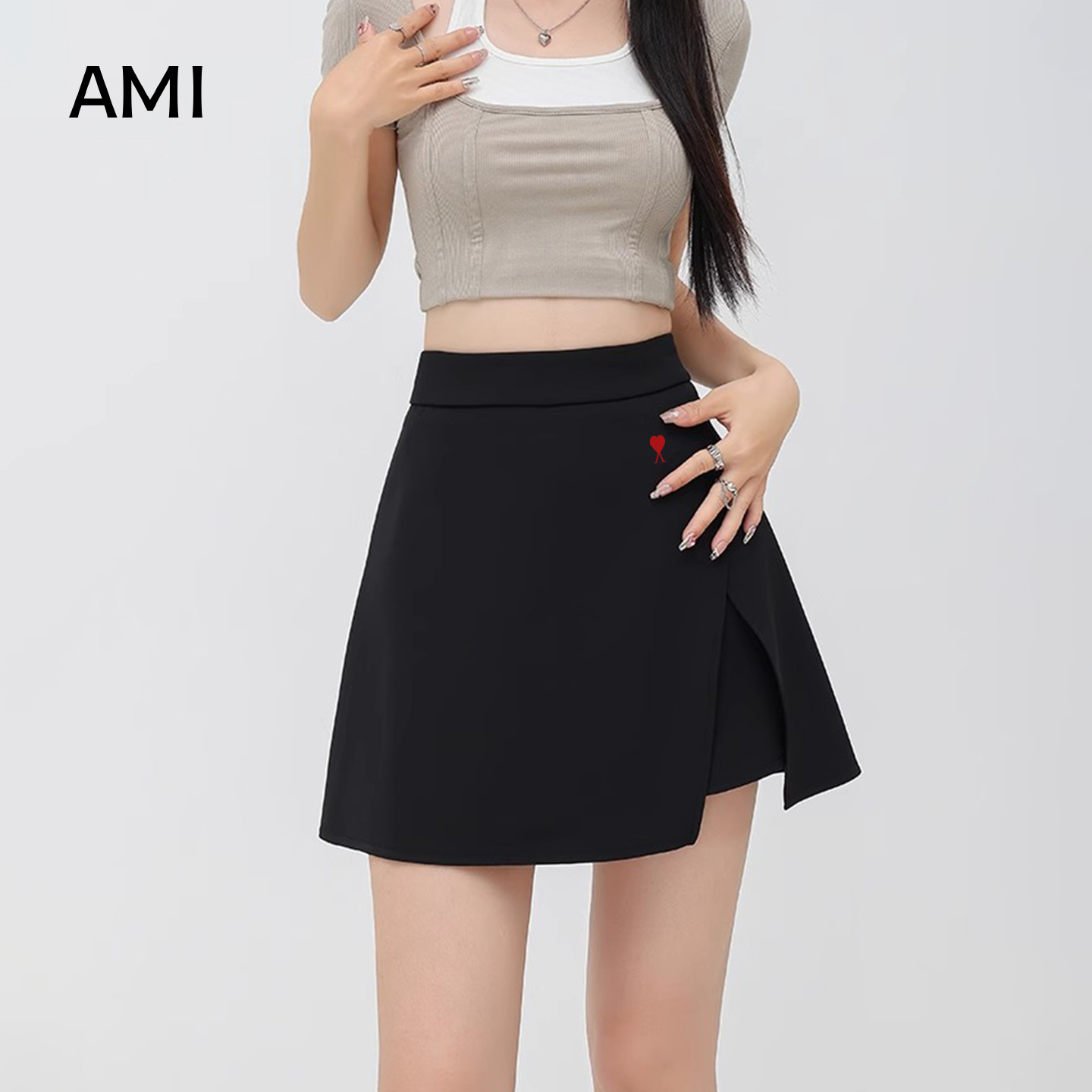 AMI美式黑色高腰西装短裙裤女夏新款包臀显瘦正品a字梨型半身裙子