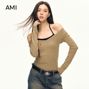 AMI旗艦店美式 掛脖修身 辣妹打底長(zhǎng)袖 t恤 復(fù)古假兩件上衣女春秋正品