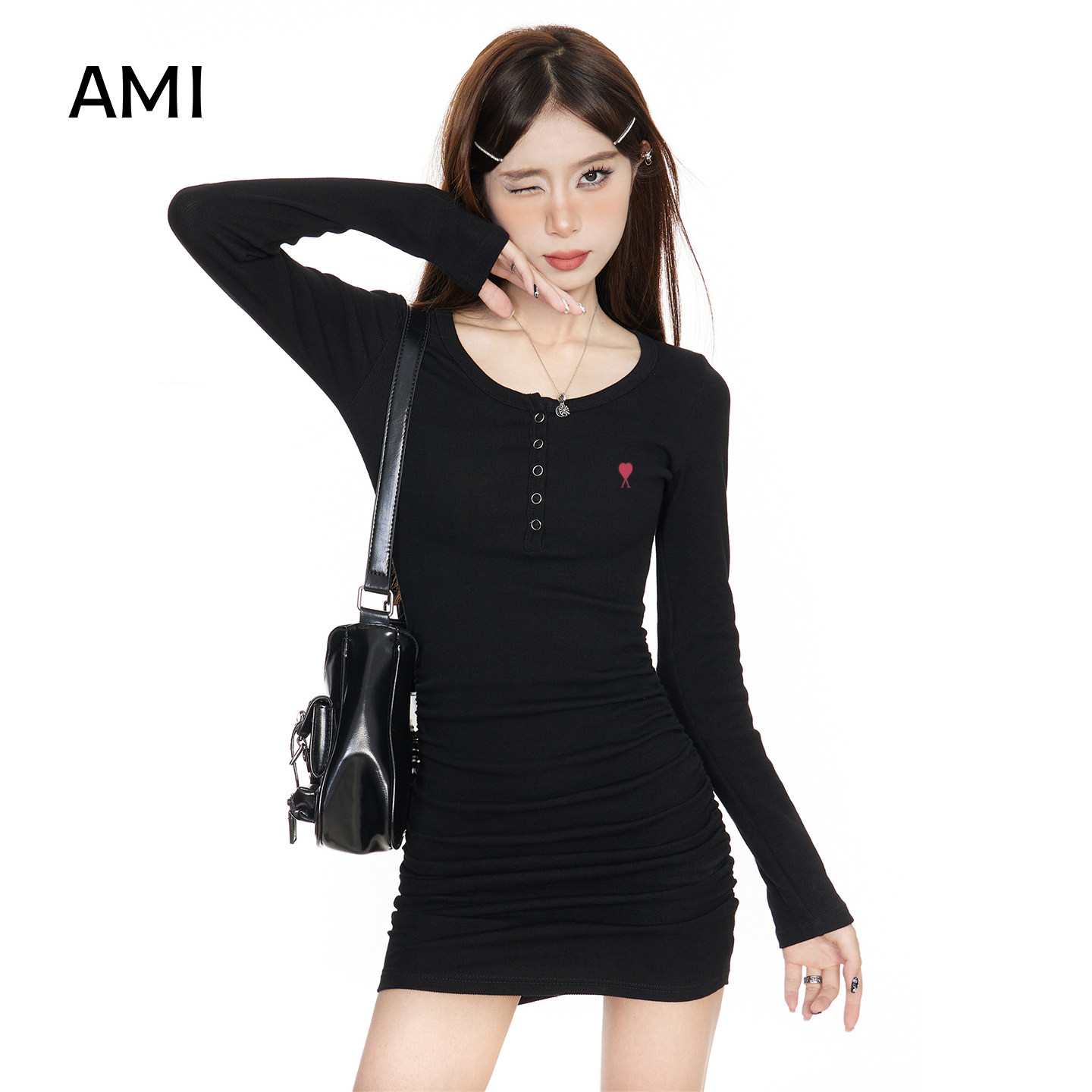 AMI美式黑色长袖连衣裙女冬秋新款修身褶皱包臀裙辣妹打底短裙,女装/女士精品,连衣裙,淘宝优惠券,粉丝福利购,淘宝优惠卷