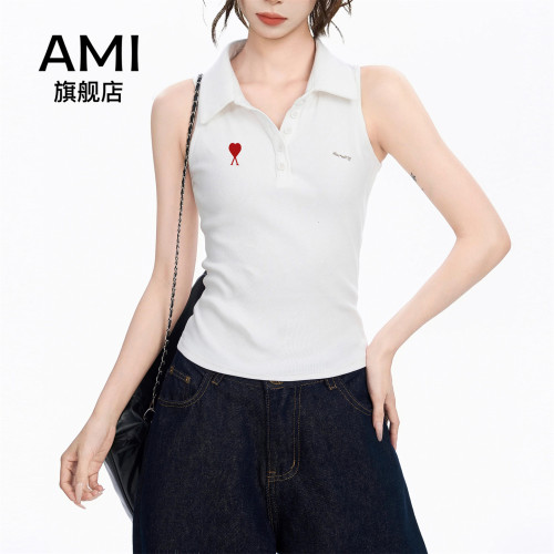 AMI官方白色polo领无袖背心吊带女夏外穿遮副乳坎肩内搭打底上衣