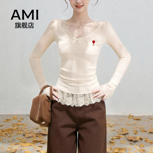 AMI官方蕾丝下摆花边拼接长袖针织t恤女气质修身内搭打底衫上衣