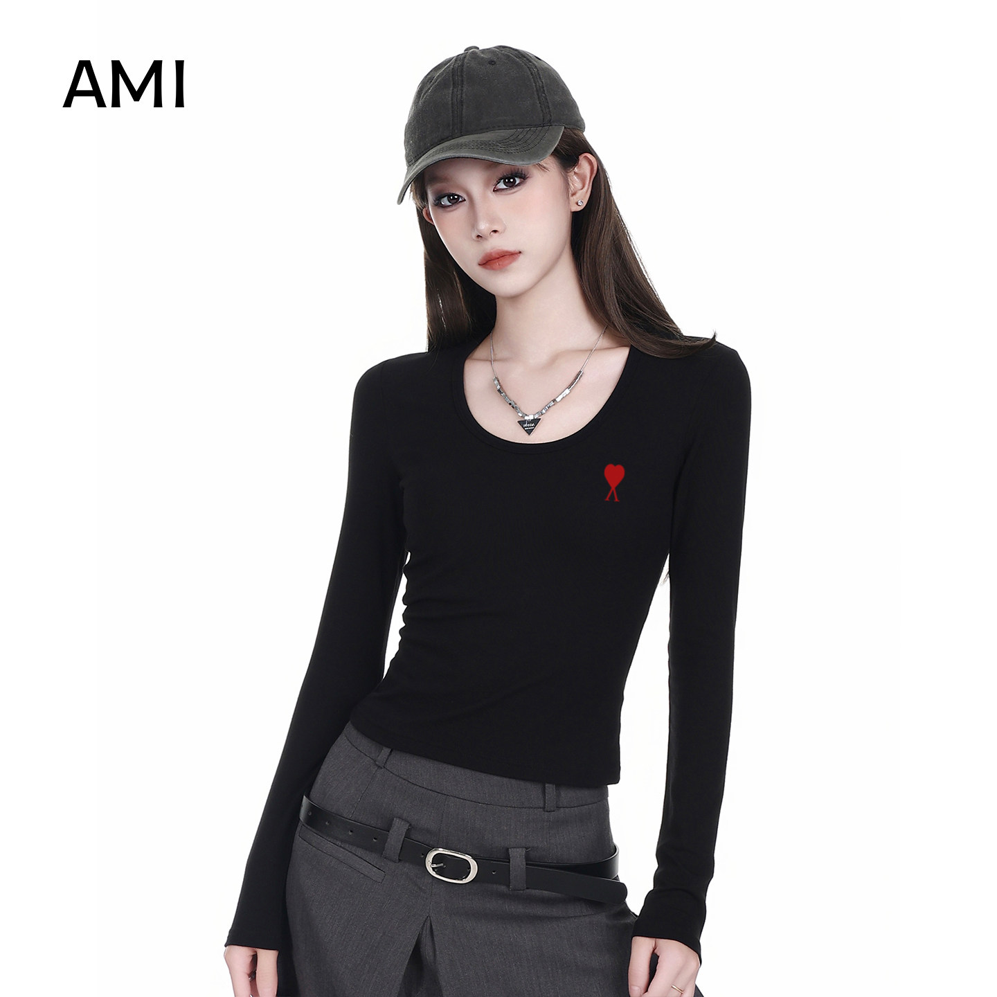 AMI官方美式黑色打底衫长袖t恤女内搭修身春初春新款小个子收腰显