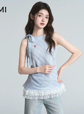 AMI 2025美式蓝色格纹假两件系带蕾丝背心吊带女夏正品收腰上衣
