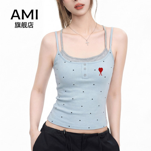 AMI官方美式蓝色波点假两件吊带背心女夏季带胸垫设计感无袖上衣