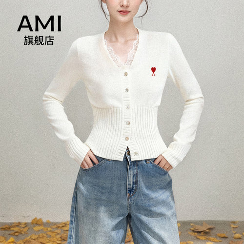 AMI官方白色v领蕾丝长袖针织开衫女修身显瘦内搭打底毛衣短款上衣