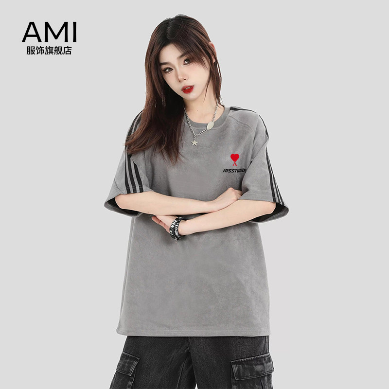 AMI女装旗舰店美式复古条纹短袖t恤男女同款宽松潮牌正品半袖
