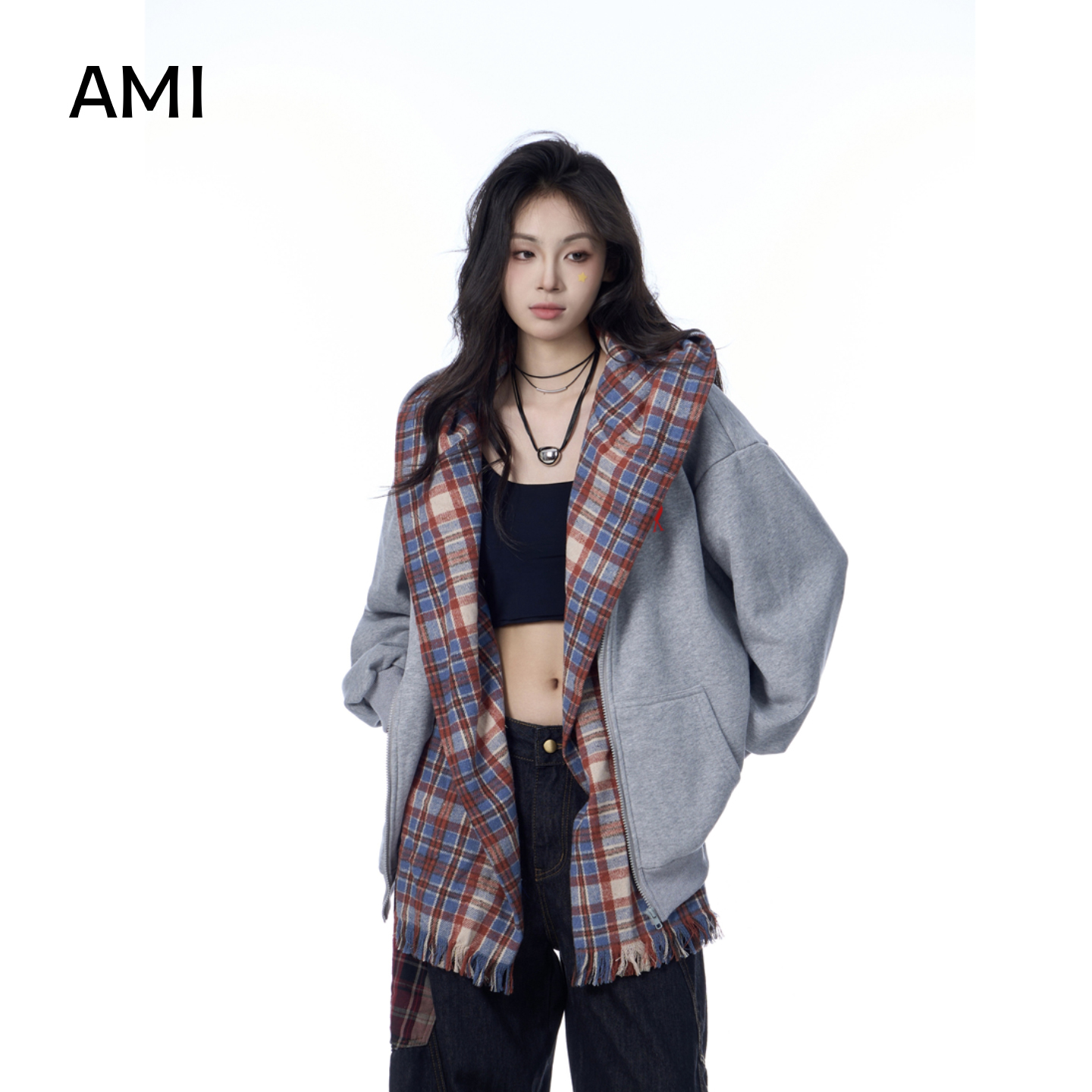 AMI美式复古格子拼接连帽开衫卫衣女春秋新款宽松休闲灰色外套