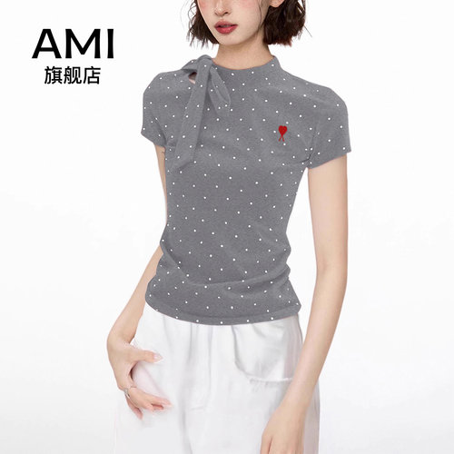 AMI官方灰色波点正肩短袖t恤女夏季修身收腰短款2026新款绑带上衣