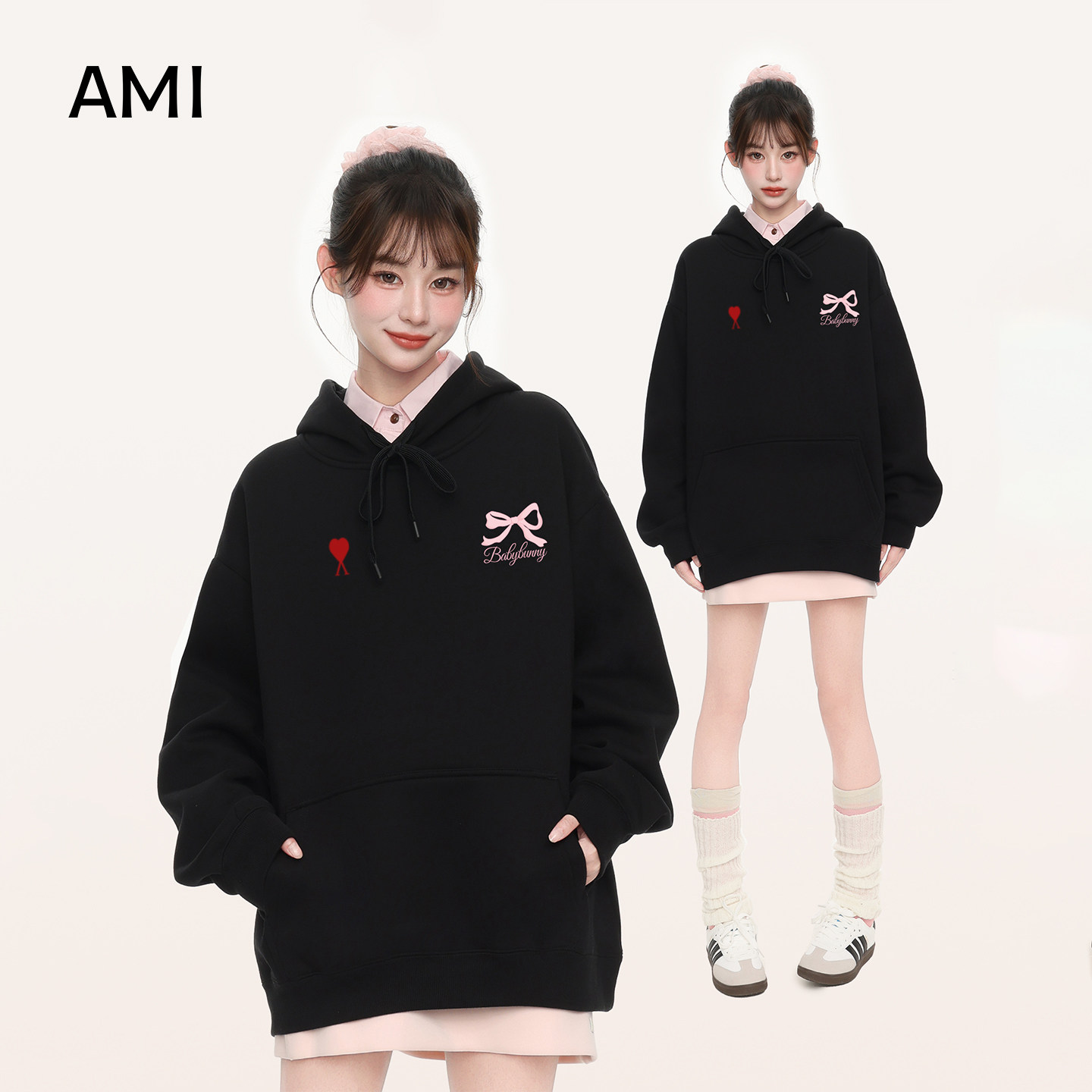 AMI官方美式黑色连帽卫衣女春秋新款宽松慵懒风oversize套头长袖