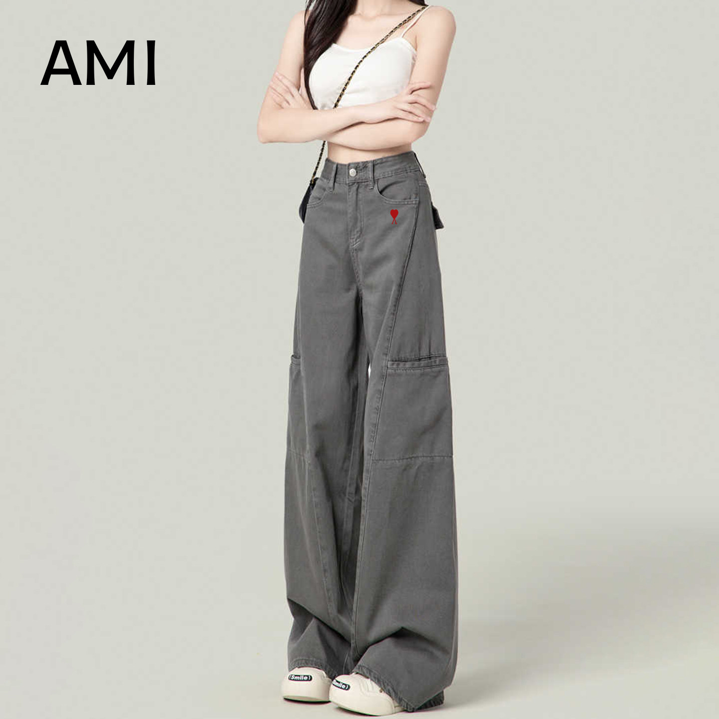 AMI官方 2026美式水泥灰阔腿工装裤女春季新款高腰正品直筒牛仔裤