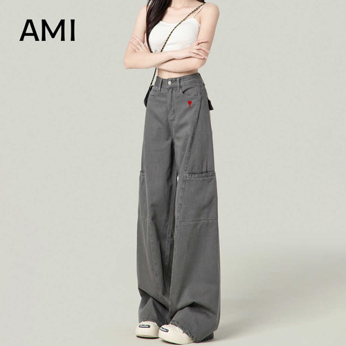 AMI官方 2026美式水泥灰阔腿工装裤女春季新款高腰正品直筒牛仔裤