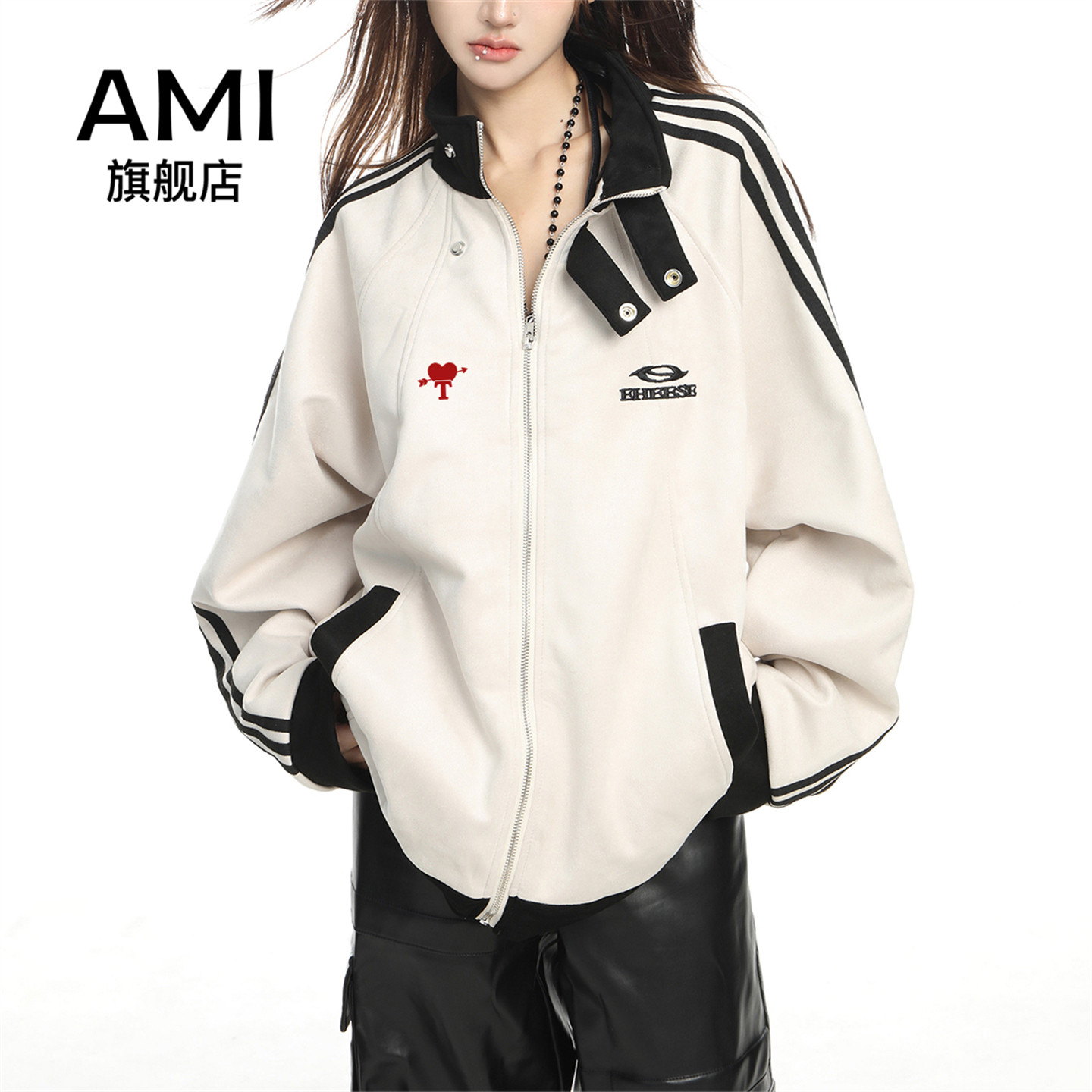 AMI官方 2026美式拼接立领麂皮绒开衫夹克女初秋新款刺绣棒球服9图片