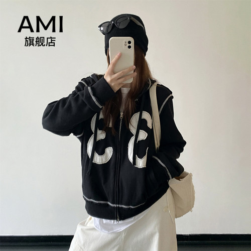 AMI女装毛边明线长袖黑色33贴布绣字母美式短款连帽卫衣外套秋冬