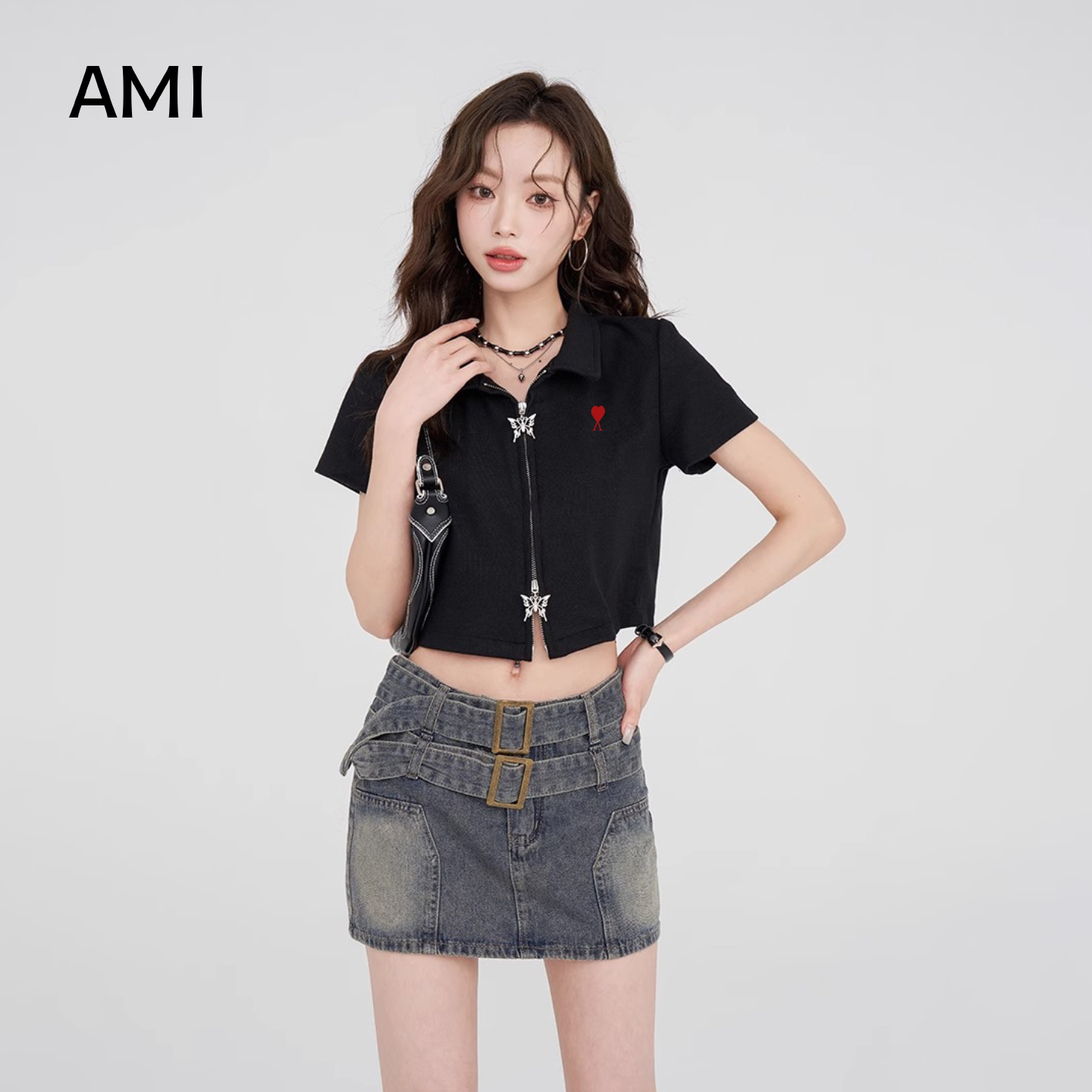 AMI官方 2026美式黑色polo领26衫短袖t恤女春正品双拉链辣妹显