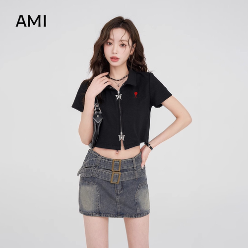 AMI官方 2026美式黑色polo领26衫短袖t恤女春正品双拉链辣妹显