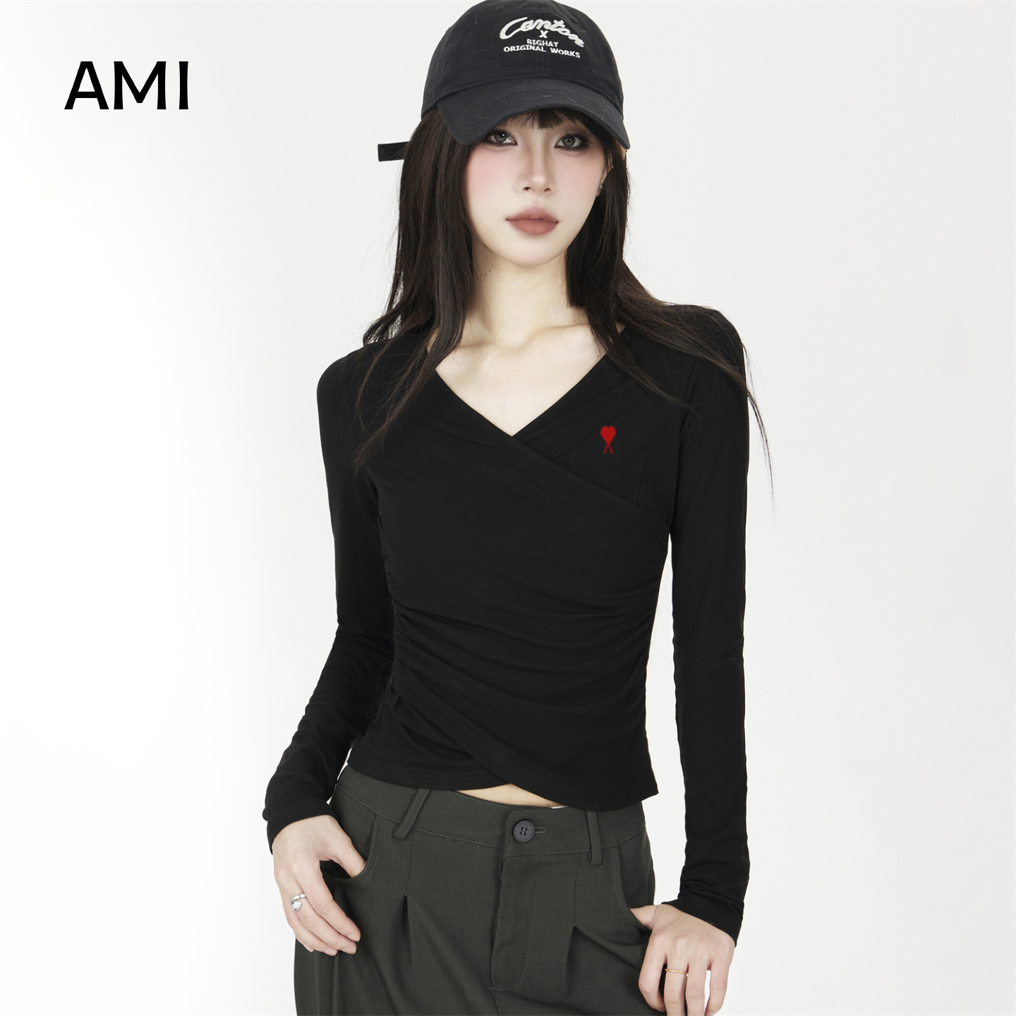 AMI美式辣妹修身显瘦黑色长袖t恤女春秋新款内搭露脐短款打底上衣