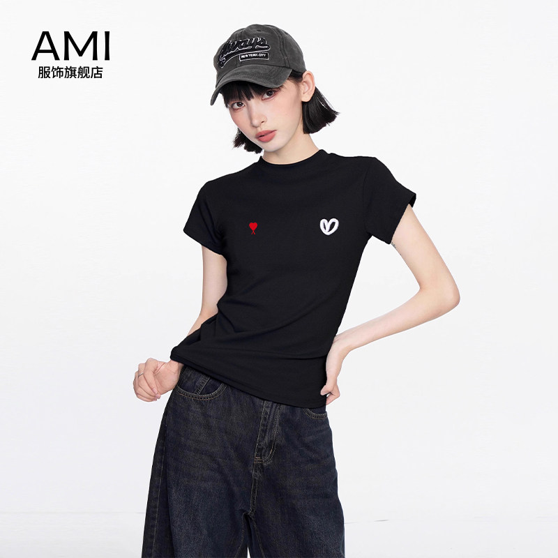 AMI黑色刺绣正肩短袖t恤女2026新款夏季半袖紧身修身设计感上衣