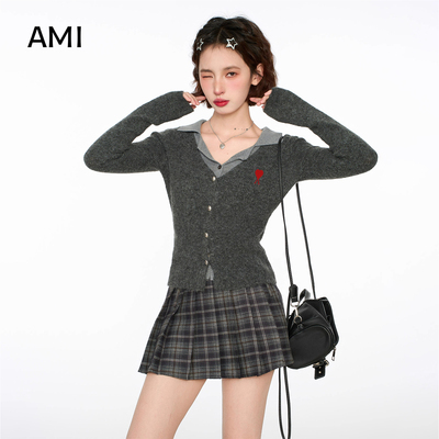 AMI美式灰色假两件V领针织开衫女冬秋修身短款内搭打底衫毛衣上衣
