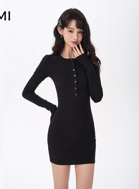 AMI美式黑色长袖包臀裙女冬秋辣妹设计感正品收腰显瘦连衣裙短款