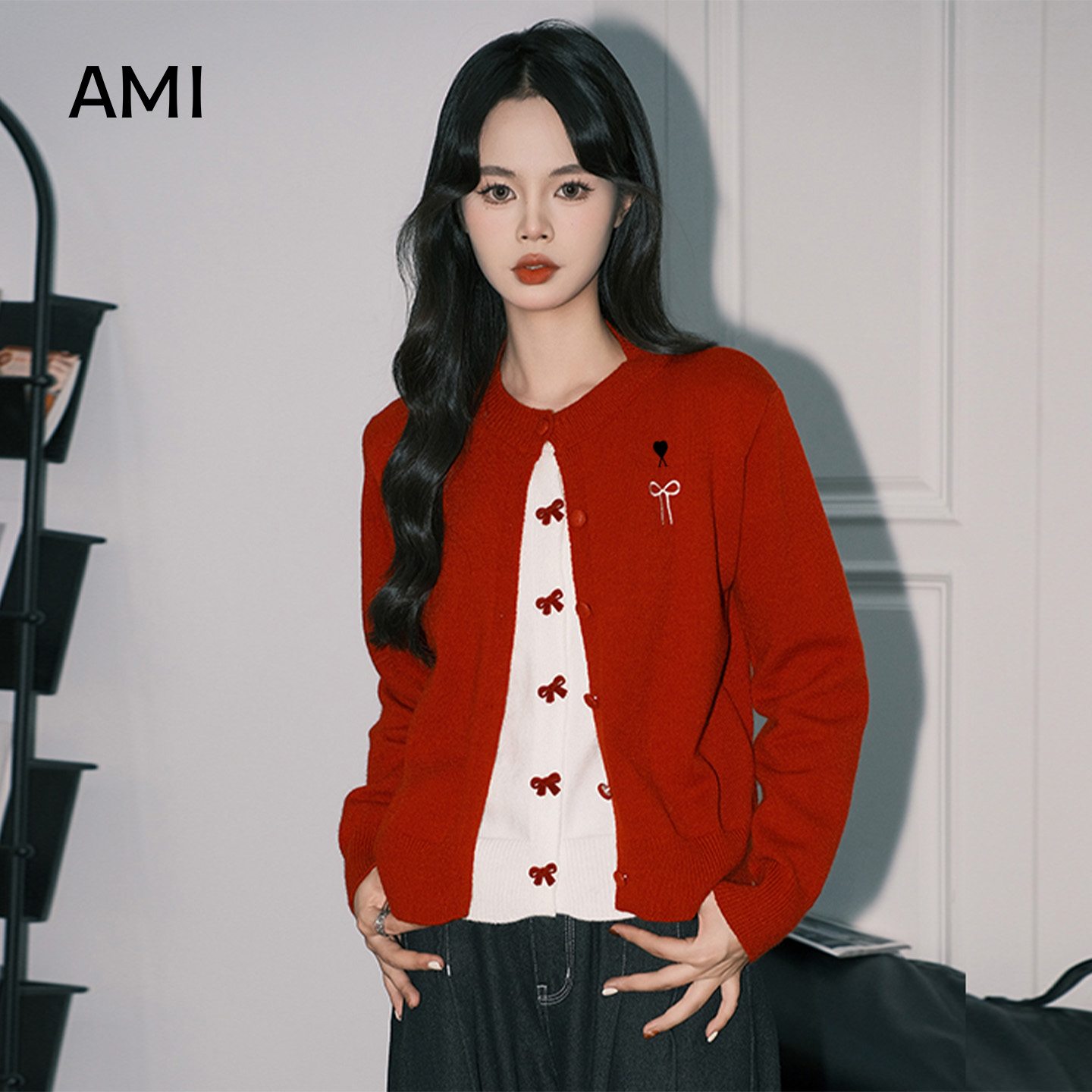 AMI美式红色毛衣假两件针织开衫女冬秋新款休闲宽松别致刺绣上衣