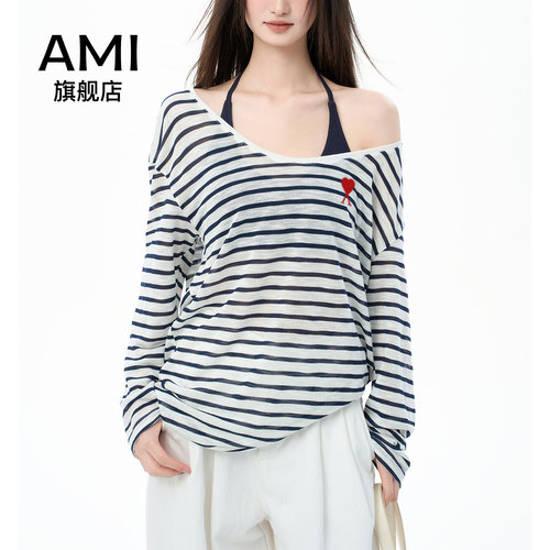AMI官方美式斜肩条纹长袖T恤女士秋季度假风时尚露肩防晒罩衫上衣