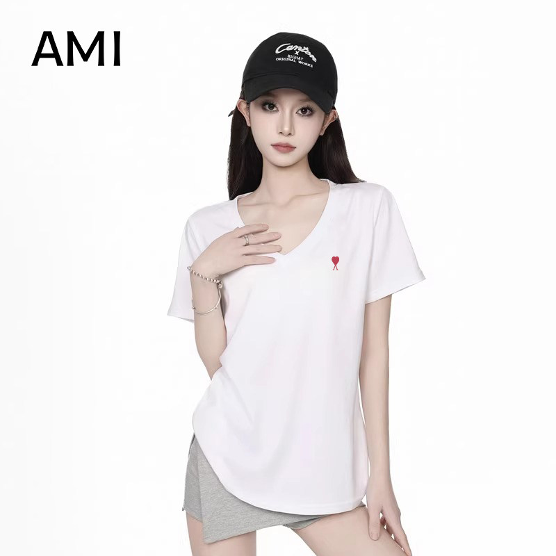 AMI官方2026美式白色V领26衫短袖t恤女春宽松正品修身显瘦辣妹