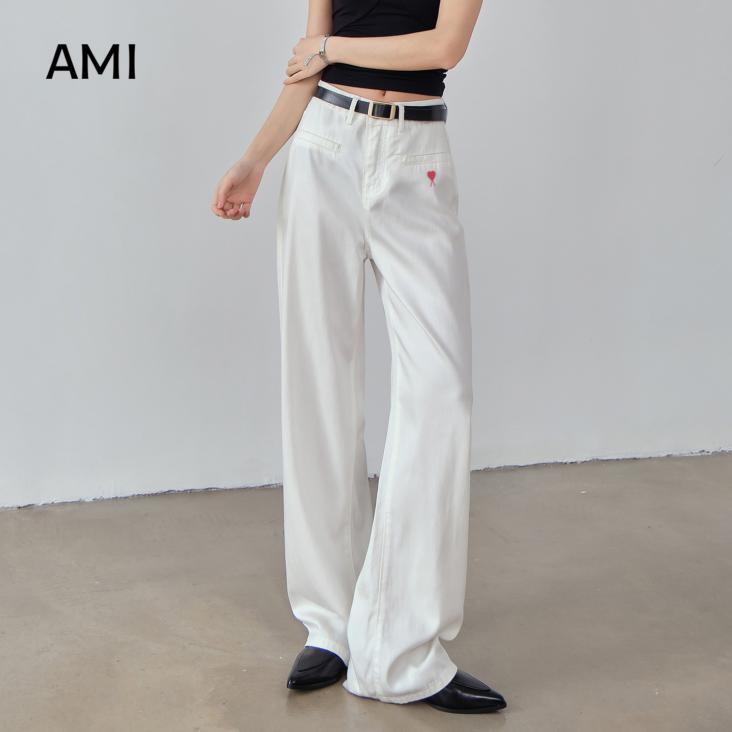 AMI官方美式白色高腰阔腿牛仔裤女春秋款小个子直筒宽松垂感拖地
