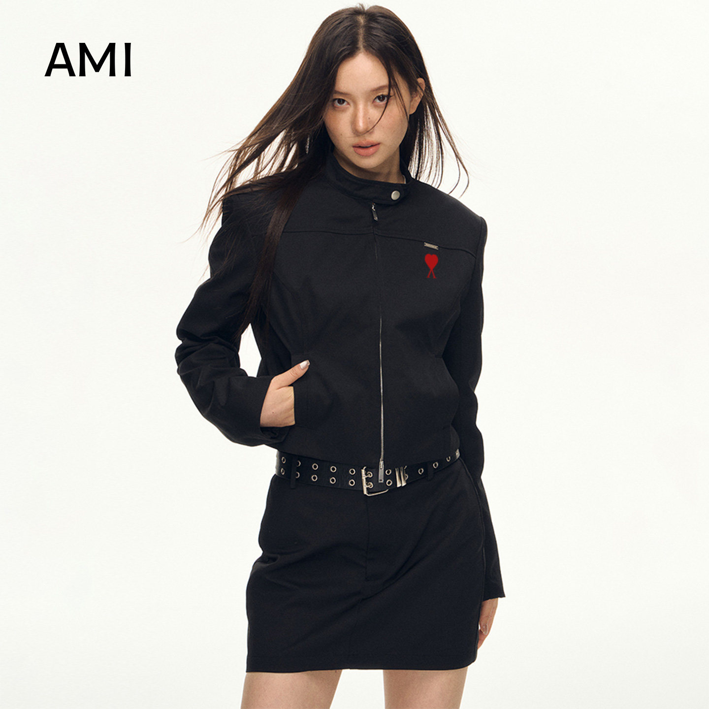AMI官方美式黑色短款正肩外套女2026春秋新款高级感显瘦立领夹克