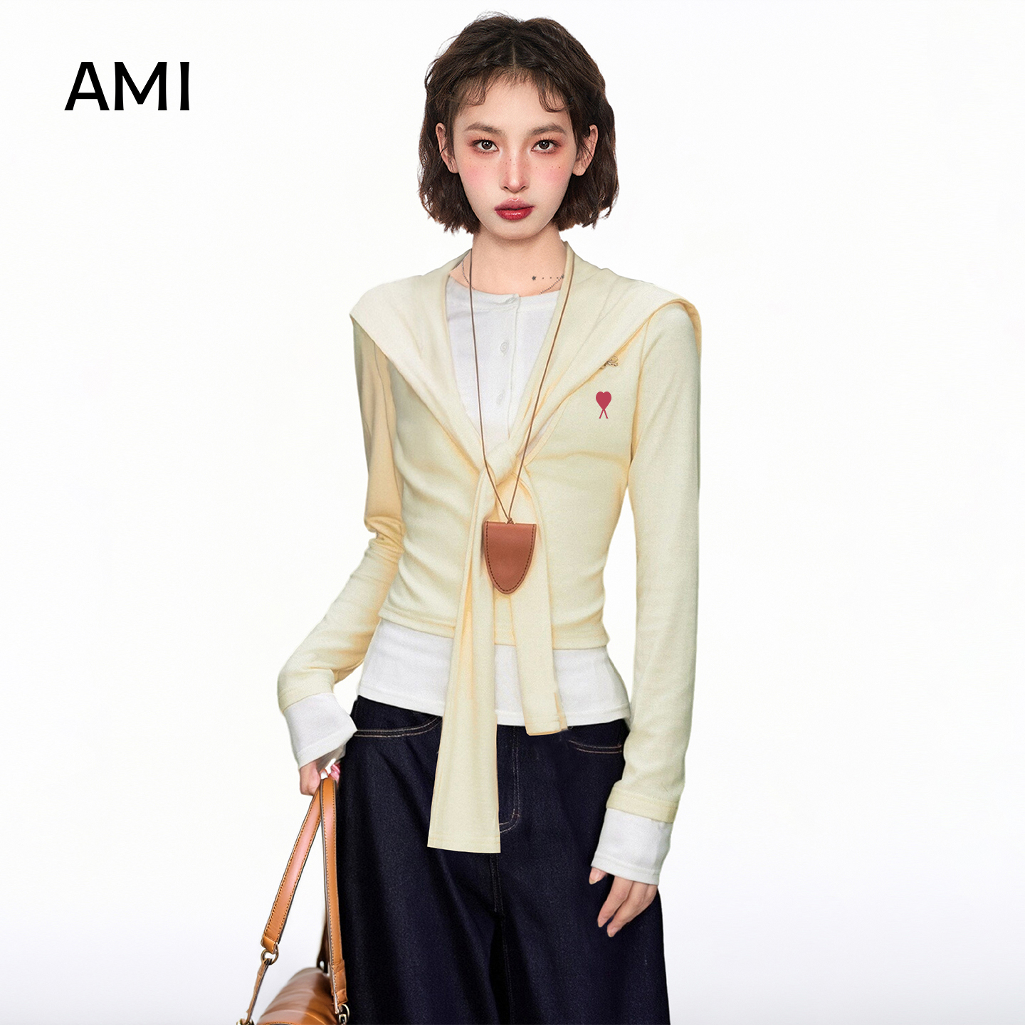 AMI2025假两件亨利领长袖上衣女春秋季修身紧身短款正肩披肩t恤