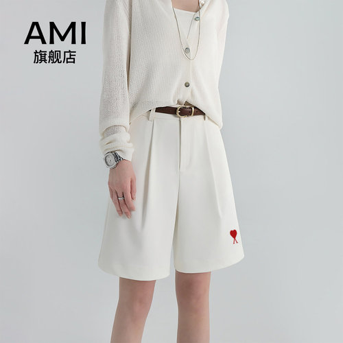 AMI女装白色西装短裤女薄款高腰休闲显瘦直筒阔腿a字五分中裤