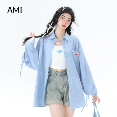 AMI2025美式复古绑带浅蓝色衬衫女冬秋冬小众设计感学院风外套