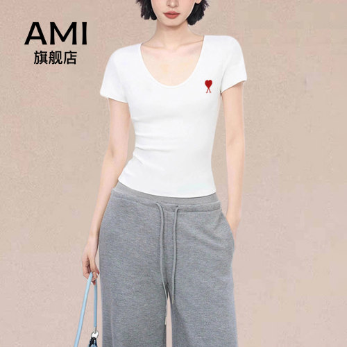 AMI官方大领口正肩短袖t恤女2026新款夏季修身紧身短款百搭上衣