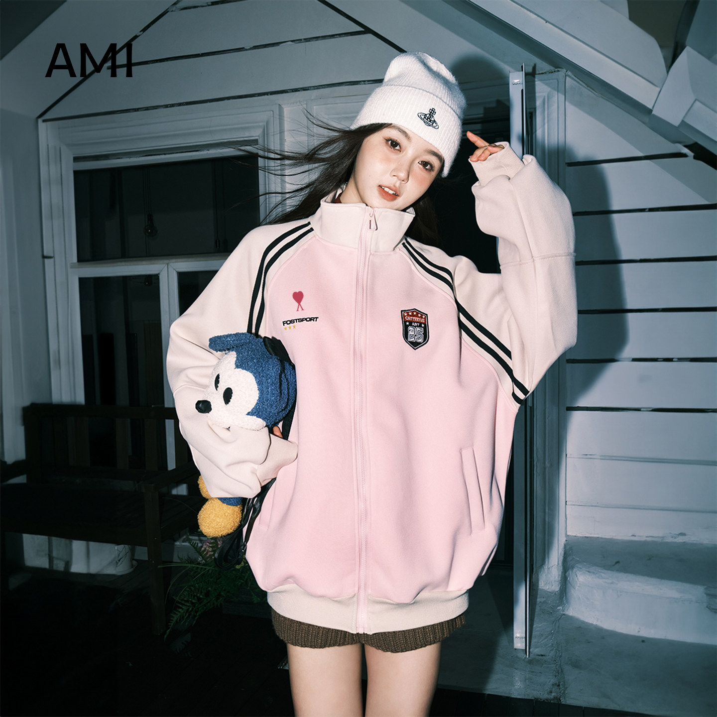 AMI官方 美式卫衣外套女春秋2026新款棒球服宽松休闲上衣粉夹克女