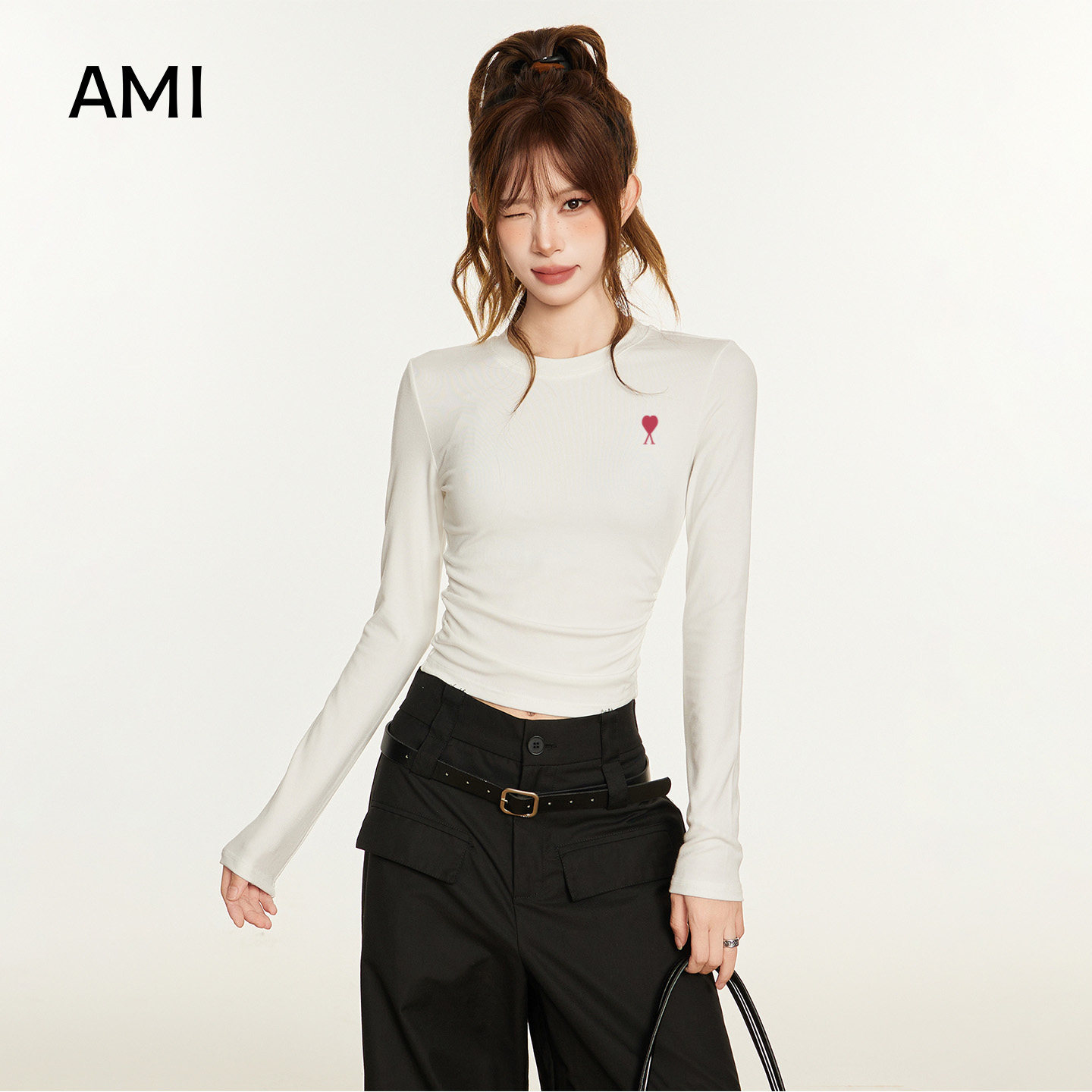 AMI官方美式白色长袖t恤女春初春春新款修身短款26衫2026圆领打