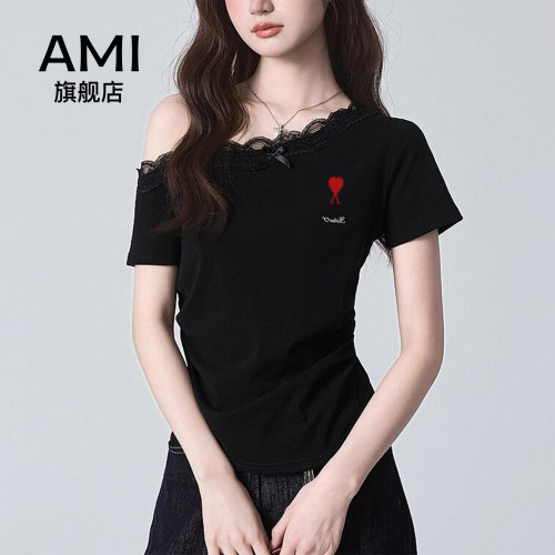 AMI官方设计感斜领蕾丝花边拼接短袖T恤女夏季新款露肩黑色上衣