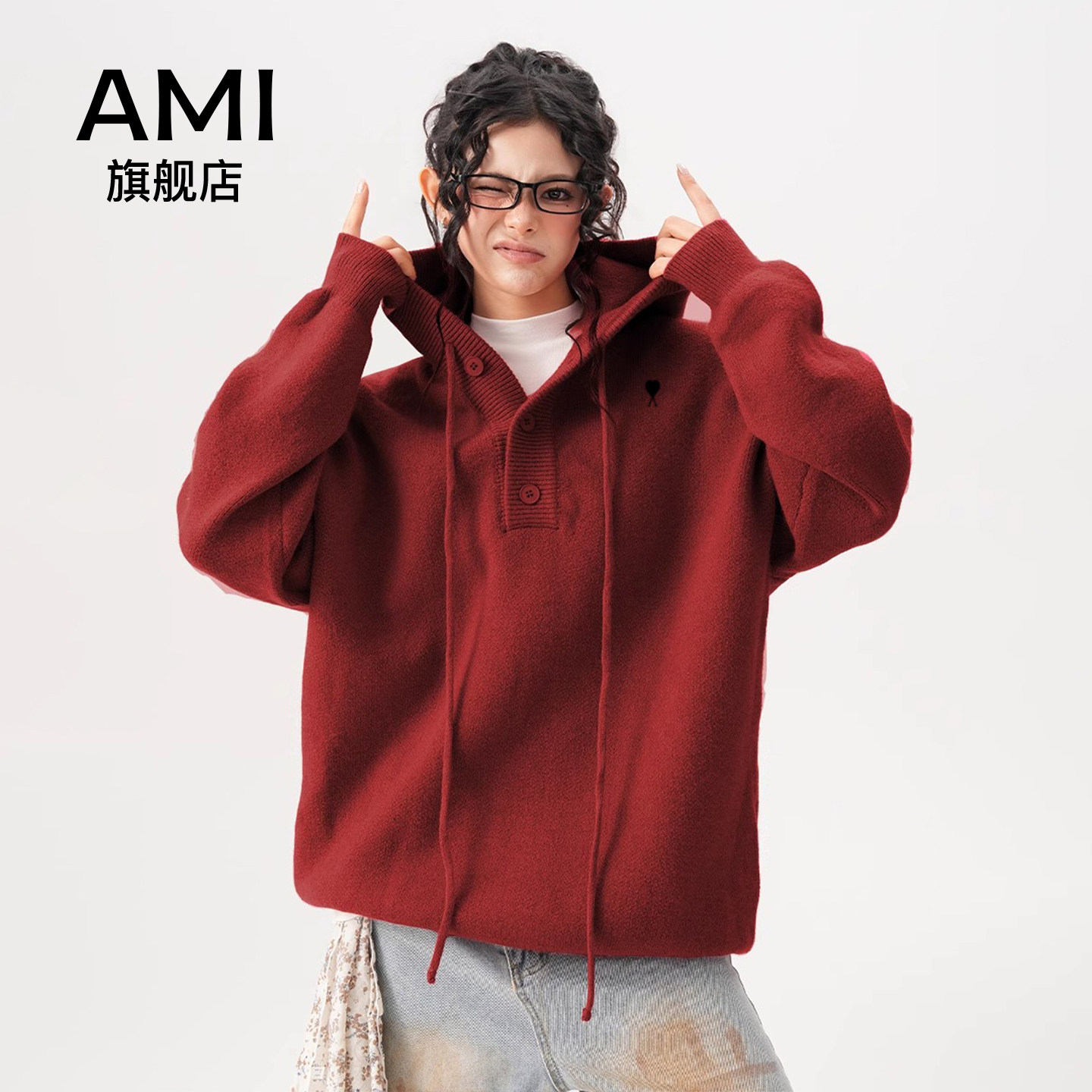 AMI   2026新年新款重磅500g慵懒风连帽针织衫女春季宽松毛衣外套,女装/女士精品,毛针织衫,淘宝优惠券,粉丝福利购,淘宝优惠卷