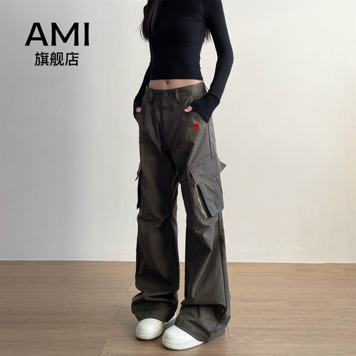 AMI官方棕灰拼接工装长裤女早秋复古宽松高腰垂感直筒休闲裤子