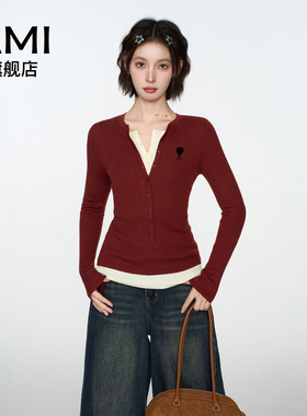 AMI红色假两件长袖圣诞款毛衣针织衫女秋季秋冬修身短款内搭上衣