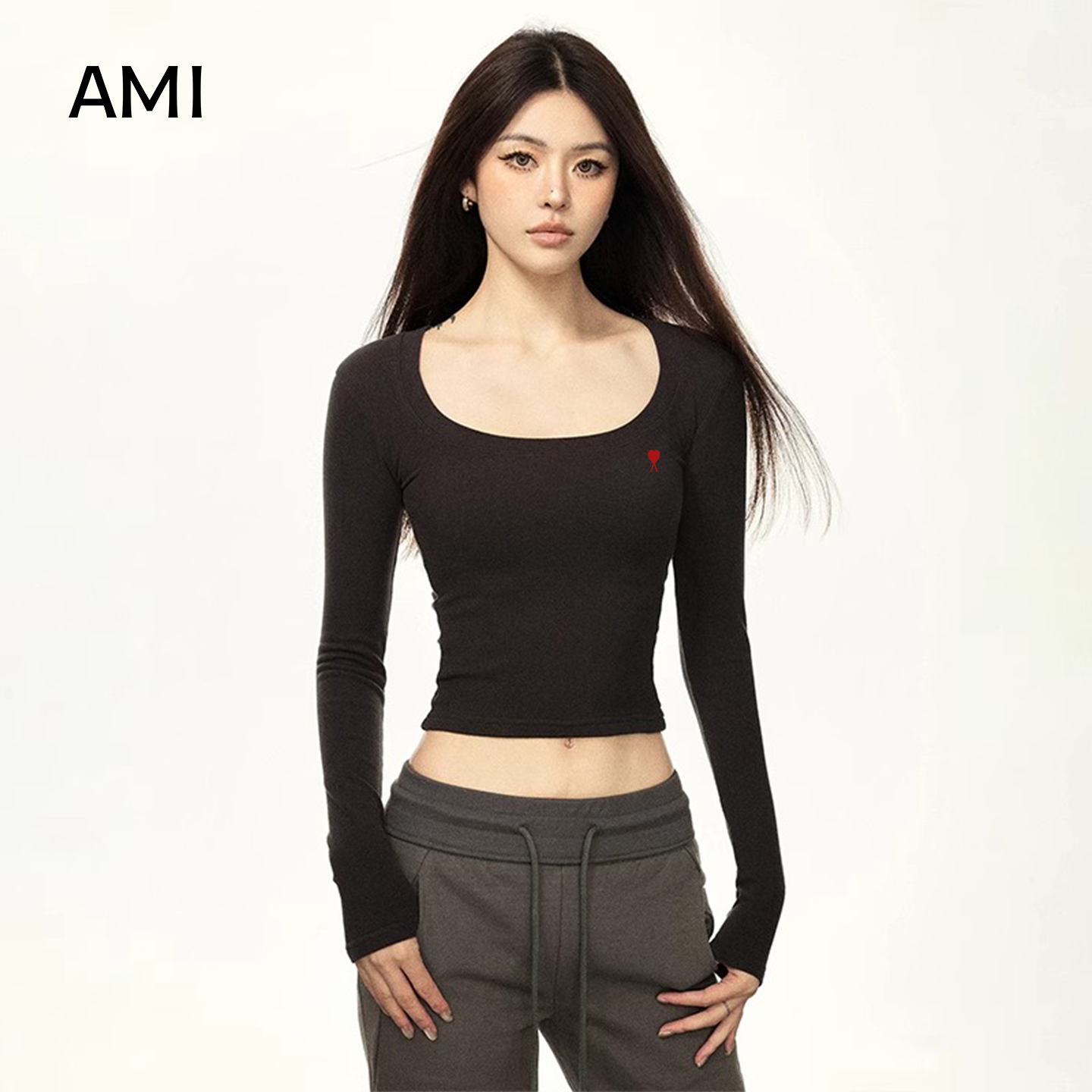 AMI2025美式正肩U领长袖T恤女春秋辣妹正品修身显瘦打底衫上衣