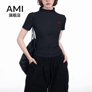 AMI黑色运动速干短袖上衣女夏季收腰半高领t恤修身短款正肩瑜伽服