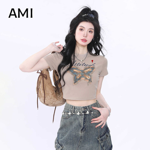 AMI官方旗舰店美式复古立体蝴蝶短袖T恤女春季修身显瘦正品修身上